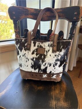 STS Ranchwear Black, White & Brown Cowhide Tote with Leather Trim